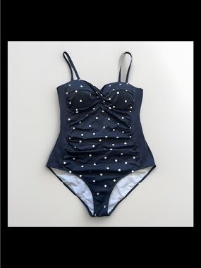 Boden Amalfi Navy Blue With Gold Polka Dots One Piece Bandeau Swimsuit Sz 14